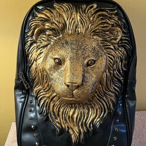 3 D Black and Gold Lion Backpack Faux Vegan Leather